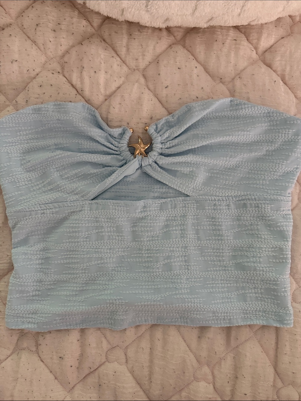 SHEIN Pale Blue Strapless Textured Crop Top with Star Detail
